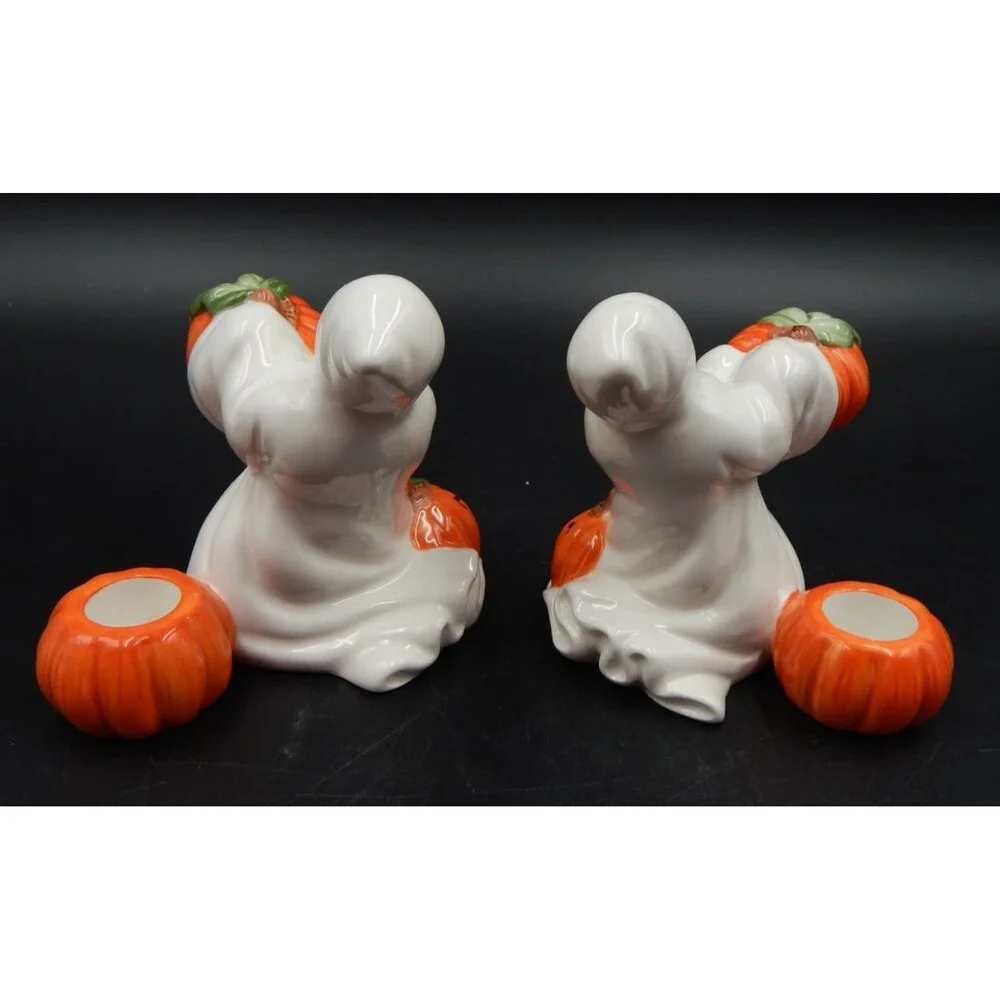 Fitz Floyd Ghost Candlestick Holders Pair Candles Halloween Fall Pumpkin 1996